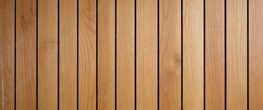 Obraz premium Brown wood panel seamless texture background. Natural brown wooden plank fence. Vertical lath slat siding strips.