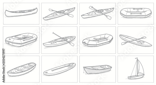 Collection of hand-drawn watercraft: canoe, kayak, raft, sailboat, paddleboard