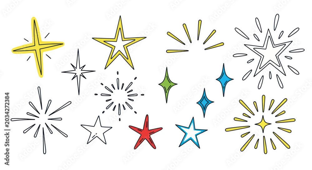 Obraz premium Hand-drawn starbursts and shining stars, festive doodles on white background