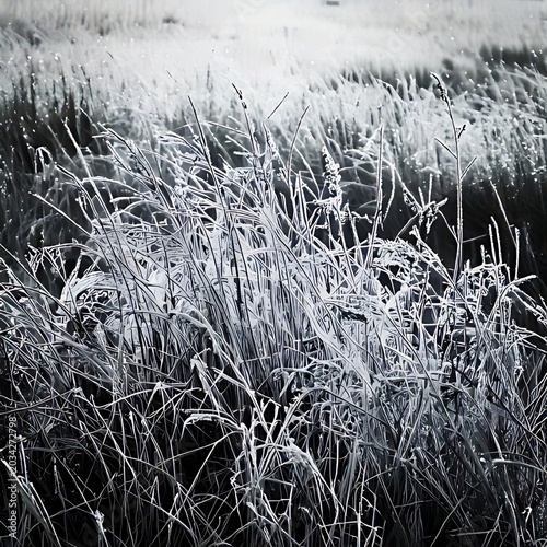 Icy grass stalks in winter field