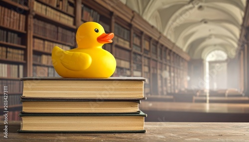 Giant Yellow Rubber Duck Balancing on a Stack of Books in a Grand Library Setting
