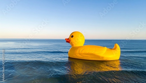 Giant Yellow Rubber Duck Floats Peacefully in the Vast Ocean Under a Clear Blue Sky