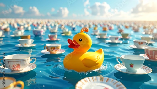 Giant yellow rubber duck floats serenely across a vast sea of delicate teacups and saucers under a clear blue sky