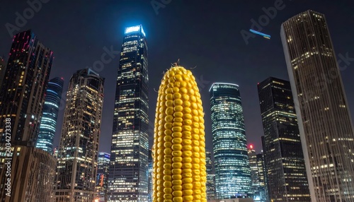 Gigantic Corn Cob Ascends Amongst Lit Skyscrapers in a Vibrant Nighttime Metropolis Cityscape