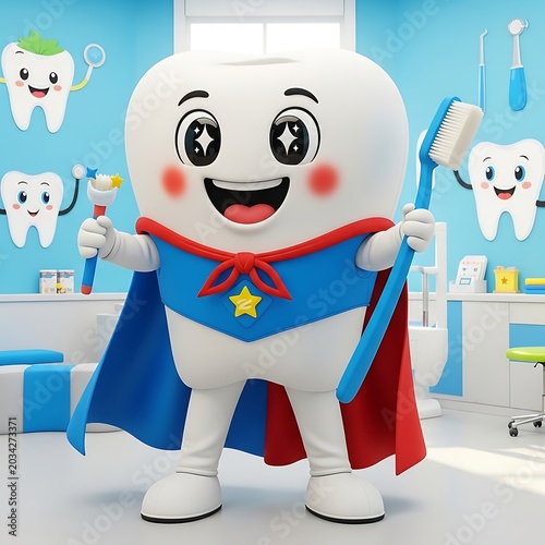Happy cheerful robot character waving hand in modern office.
