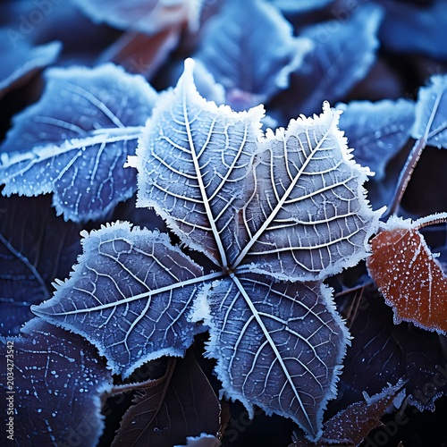 Icy leaves, frost-covered, in a close-up