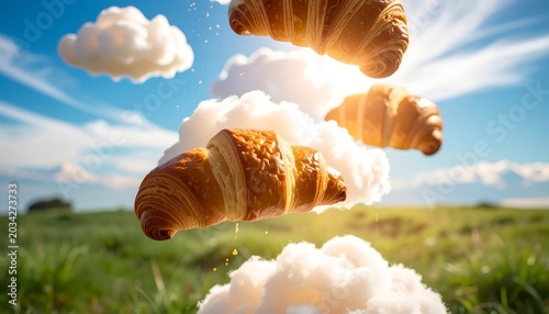 Golden croissants floating amongst fluffy clouds against a vibrant blue sky and green landscape