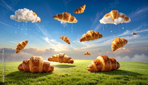 Golden croissants raining down from fluffy clouds over a vibrant green grassy field under a clear blue sky.