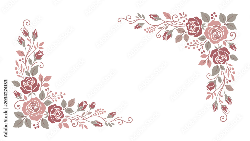 Obraz premium Elegant floral frame with roses and leaves, corner decoration, beautiful pink flowers.
