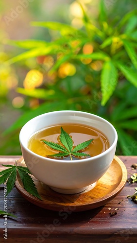 Herbal infusion with cannabis leaf on a wooden surface