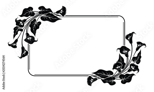Calla lily floral frame illustration with decorative black leaves on transparent background.