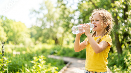 Child drinking water from a bottle in summer during heatwave survival  