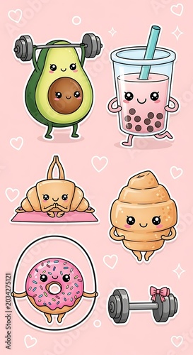 Cute vector illustrations of various food and drink items.