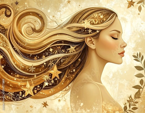 Golden-haired woman with starry, flowing hair