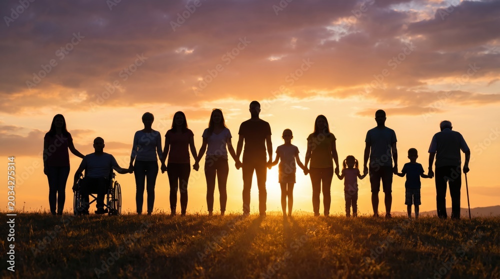 Fototapeta premium Inclusive Diverse Silhouette Group with Wheelchair User Holding Hands at Golden Sunset on Open Field
