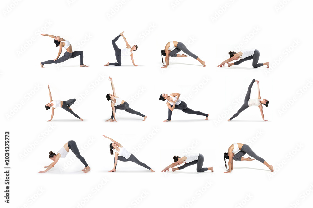Obraz premium Yoga poses set with woman practicing different asanas, ai generated