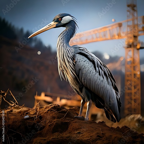 Heron on construction site, dusk