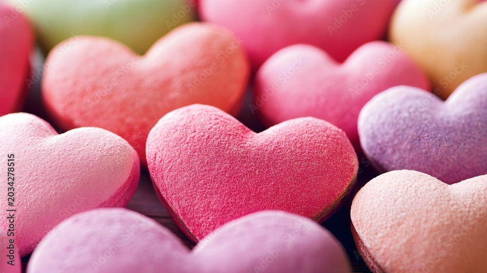 Obraz premium Close-up of many pastel-colored heart shapes, valentine's day theme