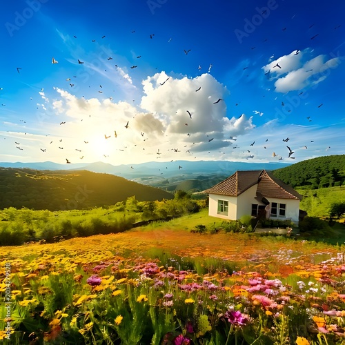 Idyllic home in vibrant field, butterflies soar