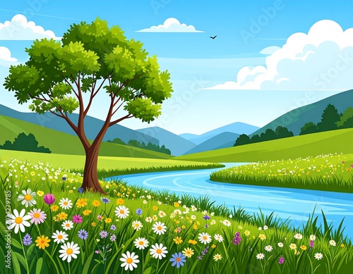 Idyllic green valley with a winding river and trees