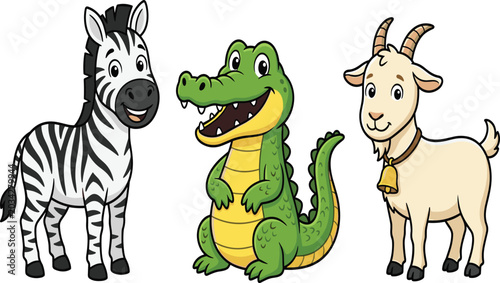 Photography Cute Cartoon Zebra, Crocodile and Goat Characters — Fun Animal Trio Illustration