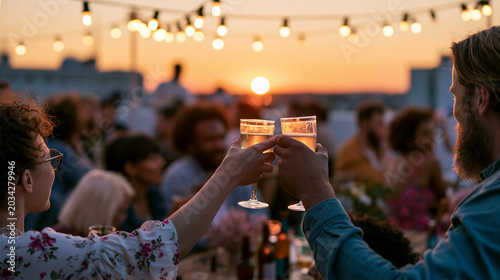 Back view of a group at a bright outdoor rooftop party at sunset with drinks raised the warm sky vivid in orange and gold behind them fairy lights strung above catching the