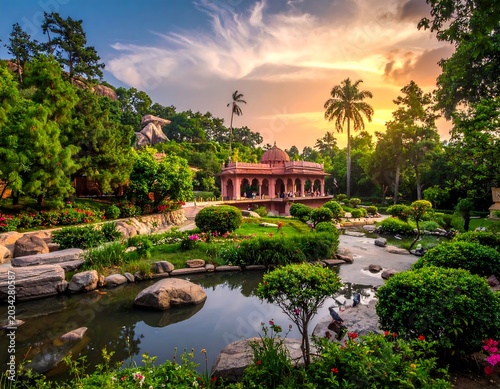 Idyllic Indian garden at sunset with pavilion