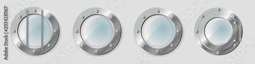 .Realistic Illustration of metal porthole of various shape on transparent background isolated vector illustration.