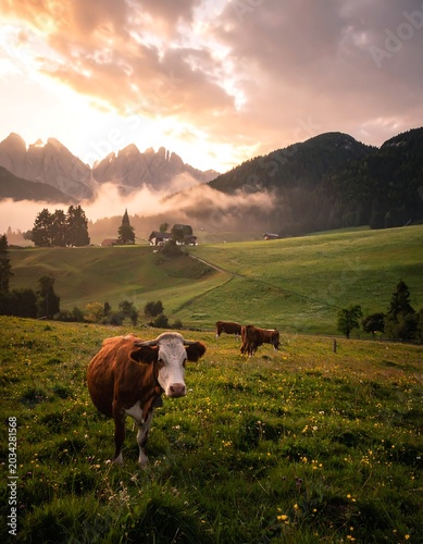 Idyllic mountain pasture with cows at sunrise