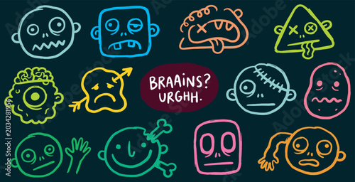 Foto A collection of quirky and colorful cartoon zombie faces with various expressions and injuries, some with text