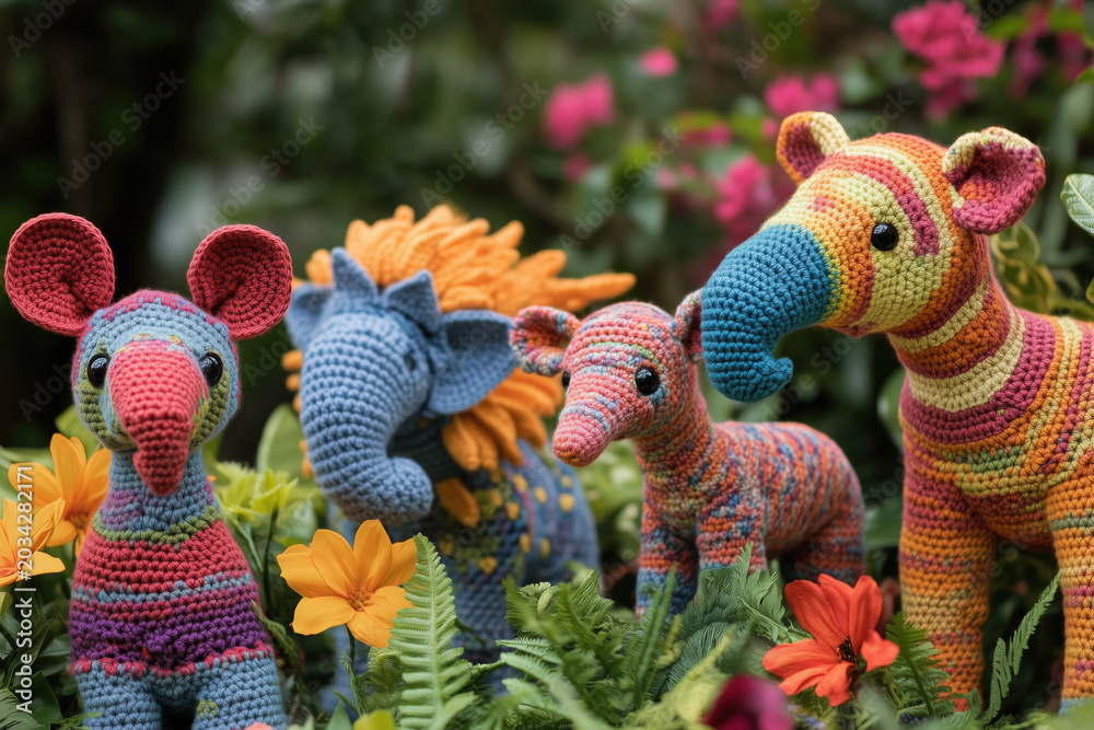 Obraz premium crocheted amigurumi animals of the fantasy jungle with colorful vegetation, toys, knitted, crochet, wool, crochet, handcrafted fabric toy, photorealistic