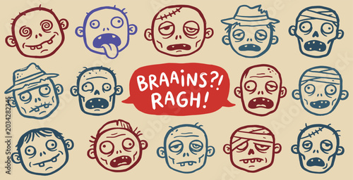 Photos Collection of cartoon zombie faces with different expressions and a speech bubble saying BRAAAINS?! RAGH!