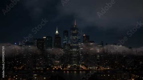 Cinematic city skyline at night, foggy urban cityscape, dark metropolis