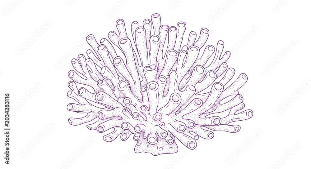 Fototapeta premium Detailed purple line art drawing of a large cluster of tube corals or sea sponges showing their many hollow structures.