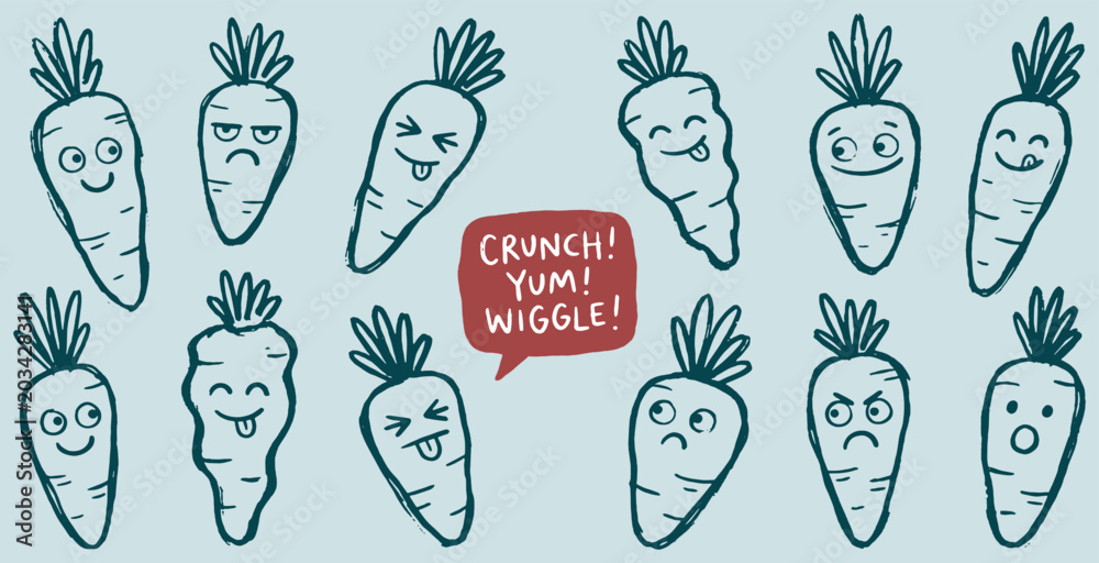 Obraz premium Collection of cute hand-drawn carrot characters with various funny expressions and emotions, perfect for food-related designs.