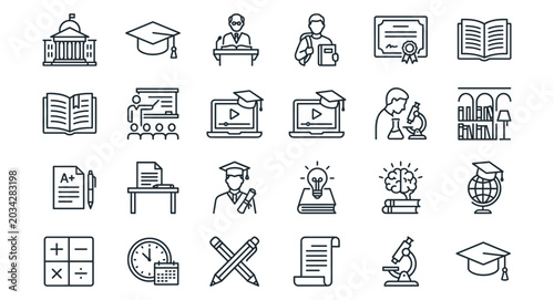 Konstfotografi Higher Education Line Icons Set – University and Study Outline Collection
