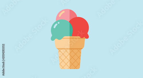 Three scoops of colorful ice cream in a classic waffle cone are illustrated in a flat style against a soft blue background for summer vibes.
