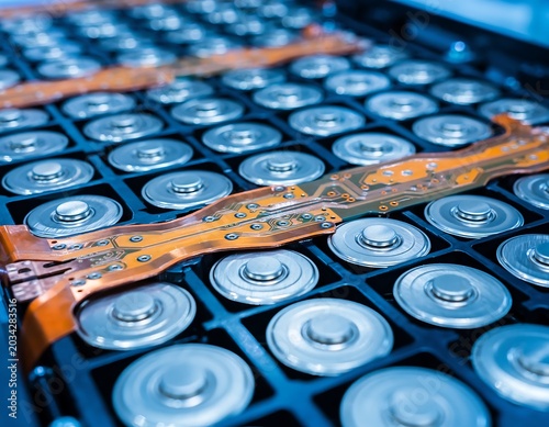 Close-up View of Lithium-Ion Battery Cells in a Pack for Electric Vehicles.
