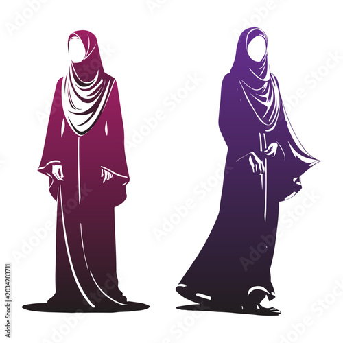 Modern Muslim women silhouette wearing elegant hijab and abaya dress vector illustration