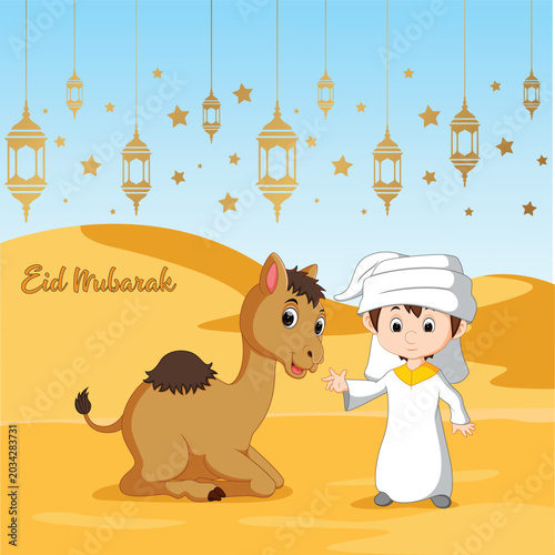 Eid Mubarak celebration background with cute Arab boy and camel in desert vector illustration