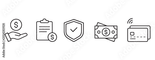 Minimalist Finance and Banking Vector Line Icon Set with Payment Saving Credit Card Money Clipboard Secure Protection and Contactless Transaction Outlines