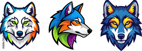 Stylized Wolf Heads Vector Illustration In Vibrant Blue Green And Orange