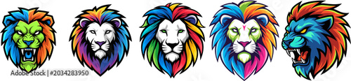 Lion Heads With Colorful Swirl Patterns Vector Illustration