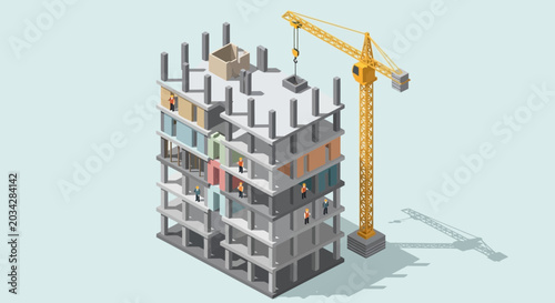 Modern Construction Site with Multi-Level Building Structure and Crane