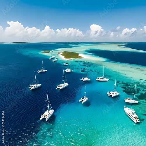 Idyllic tropical paradise with sailing catamarans