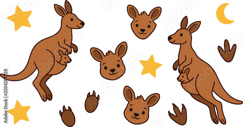Photos Cute Cartoon Kangaroo Vector Illustration Set featuring Mother Kangaroo with Joe