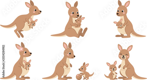 Tableau sur toile Cute Cartoon Kangaroo Vector Illustration Set featuring Mother and Joey Pouch Hu