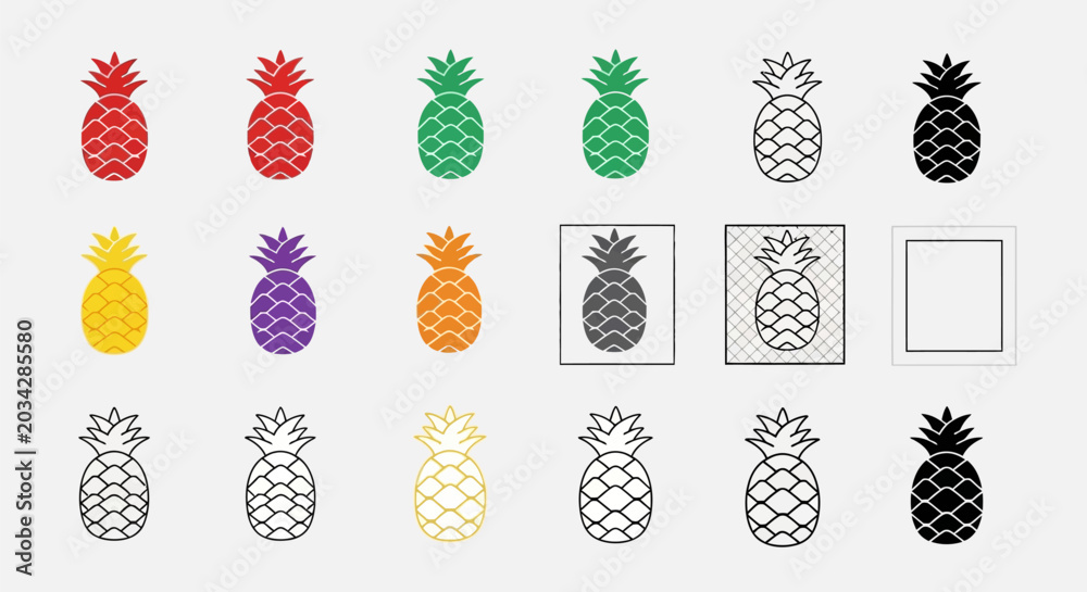 Fototapeta premium Collection of colorful pineapple icons in various styles and colors on white background for branding