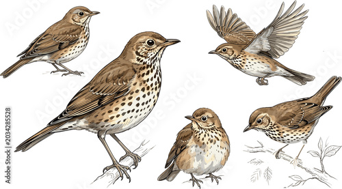Foto Song thrush bird vector sketch illustration set with realistic drawing in differ