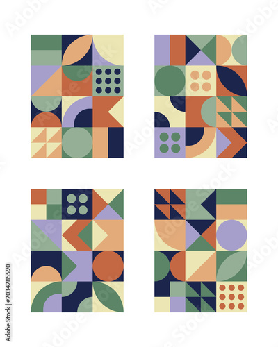 Set of four abstract geometric posters in Bauhaus style, minimalistic vector cards with colorful shapes. Eps 10